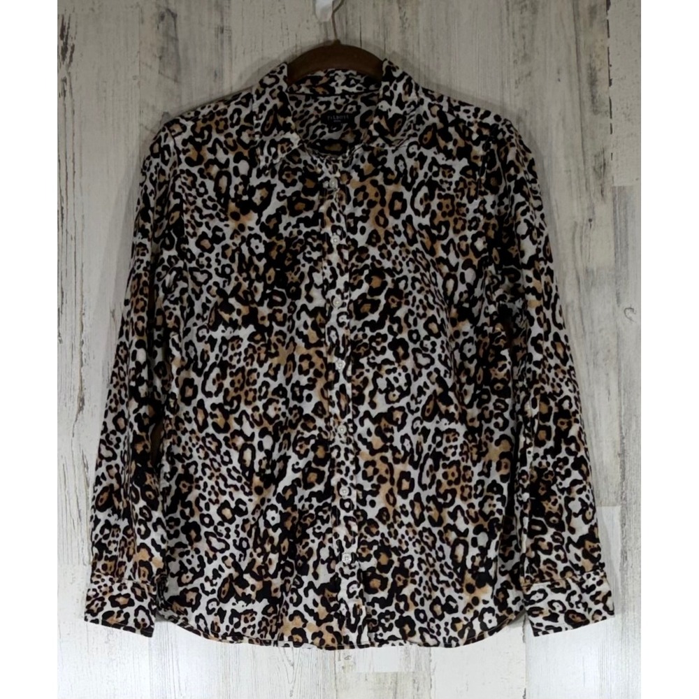 Talbots Button Down Shirt Medium Petite Brown Leopard Cotton Lightweight Neutral